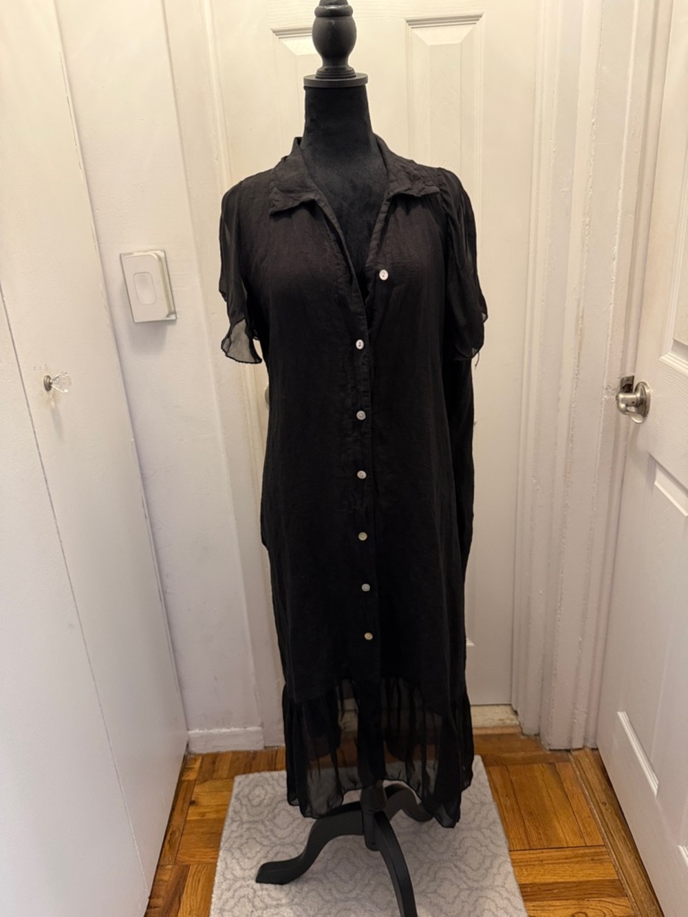 Shyloh Black Linen and Sheer Maxi Shirt Dress made in Italy one size NWT